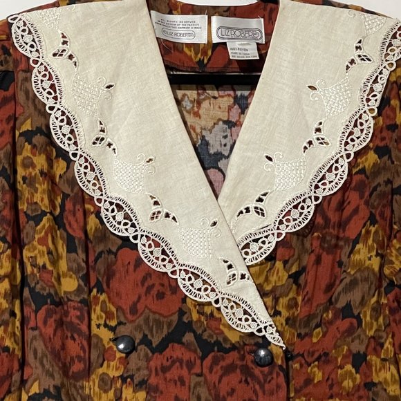 Liz Roberts VTG women’s orange floral double breasted peplum lace dress size 14 - Picture 2 of 7